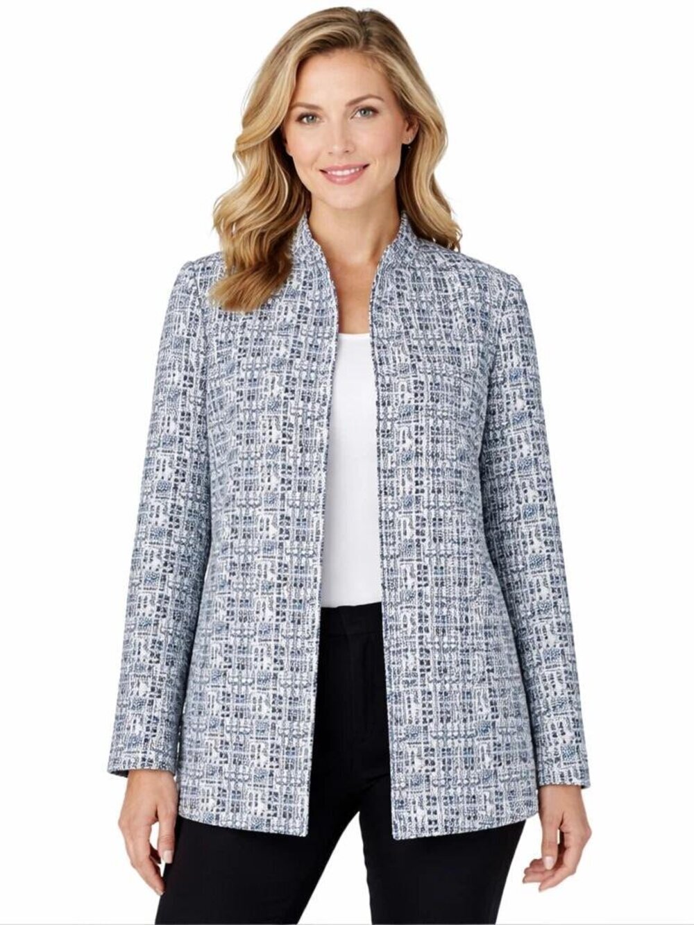 Calvin Klein Blazer Women 10 Black White Longer Length Open Front Back Vent